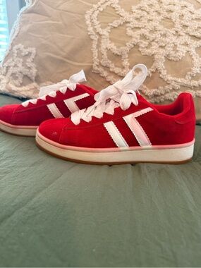 Women’s Red Suede Lace-Up Sneakers with White Stripes
